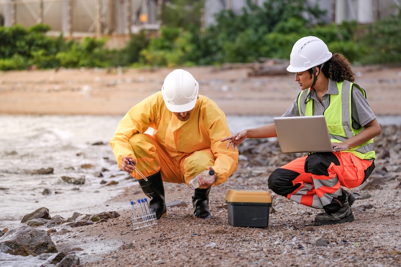 Two environmental scientists collecting a water sample at a riverbank, one recording results on a laptop