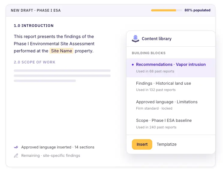 Selecting reusable content blocks built from previously approved report language