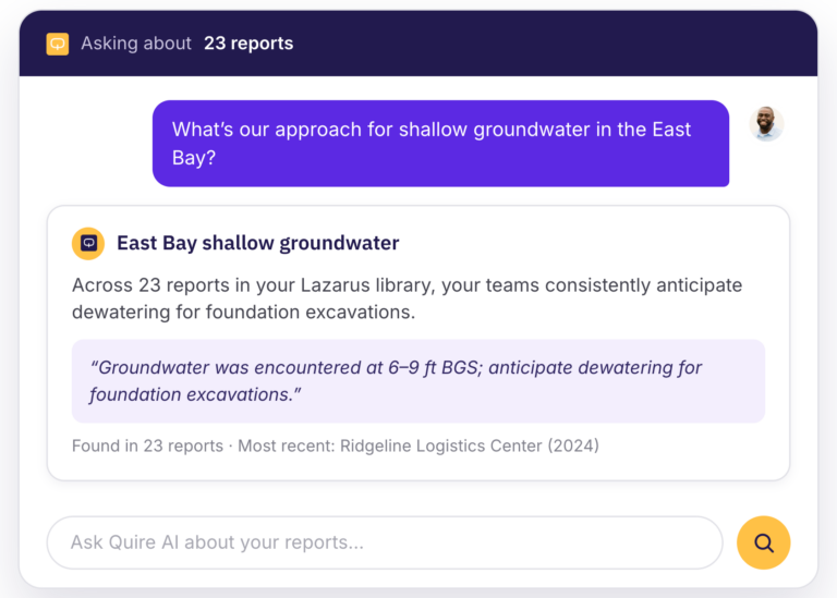Quire AI chat answering a question with citations back to the source reports