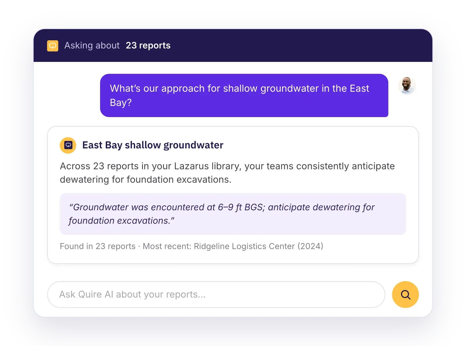 AI inside a TRM platform: search results listing comparable geotechnical projects, and a chat answer citing the specific report passages it drew from