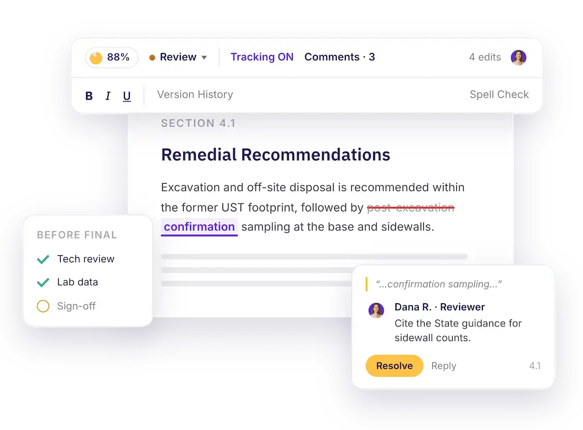 TRM Review & Approve stage: tracked changes, reviewer comments, and a pre-final checklist on the remedial recommendations section of a technical report